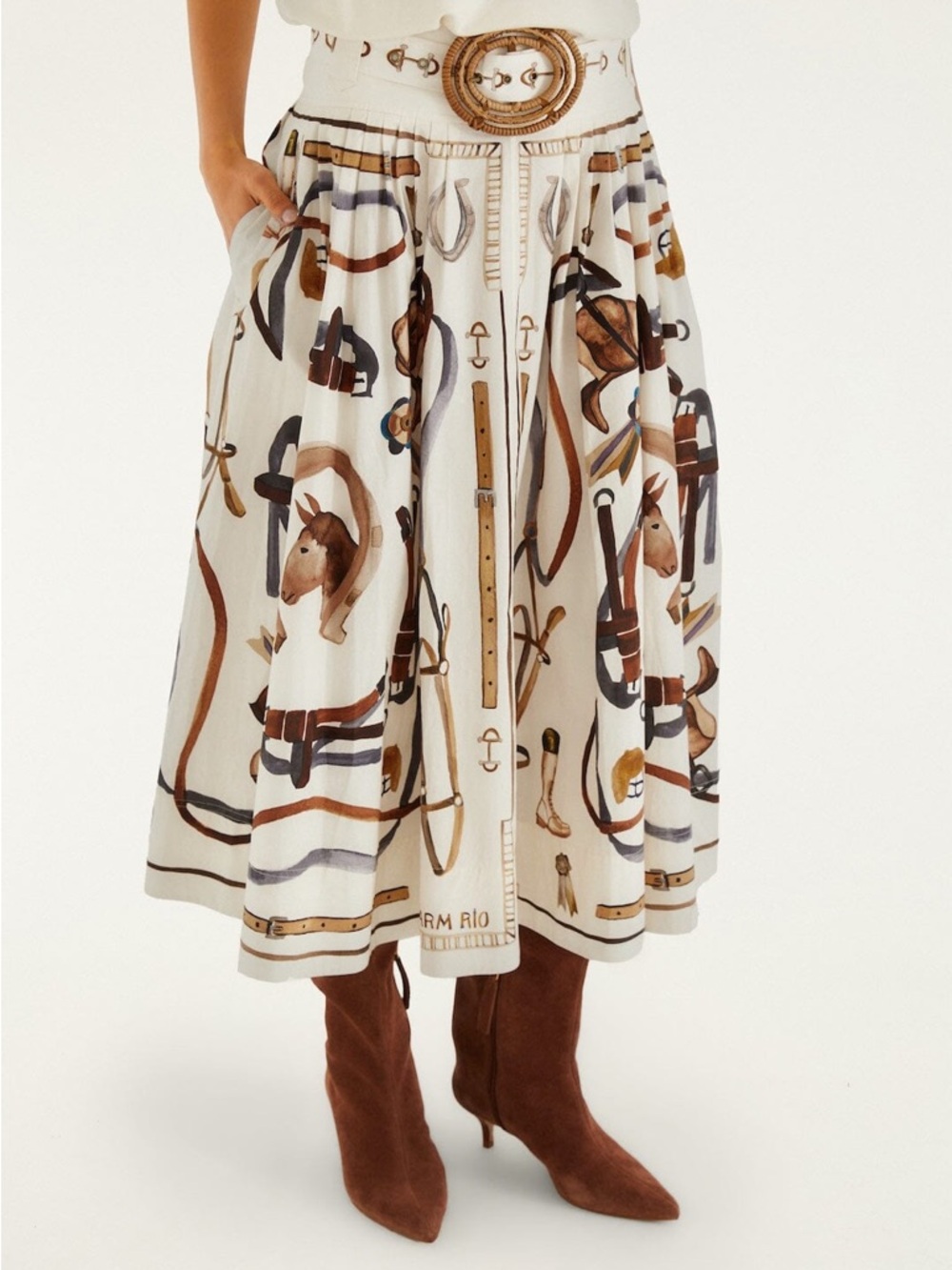 FARM Rio Equestrian Scarf Belted Midi Skirt in Winter White Size Medium NWT